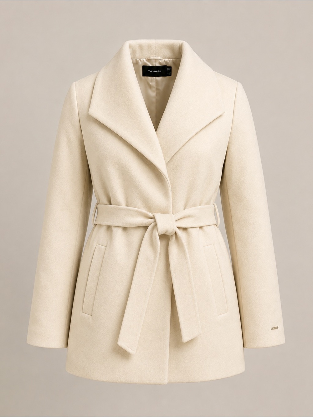 Tahari Ivory Cream Belted Wrap Coat Women’s XL Shawl Collar Fully Lined